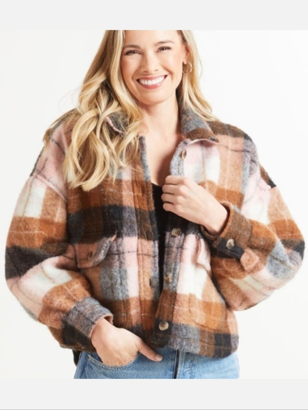saltwater LUXE Wool Blend Andi Plaid Shacket in Pink, Brown & Gray